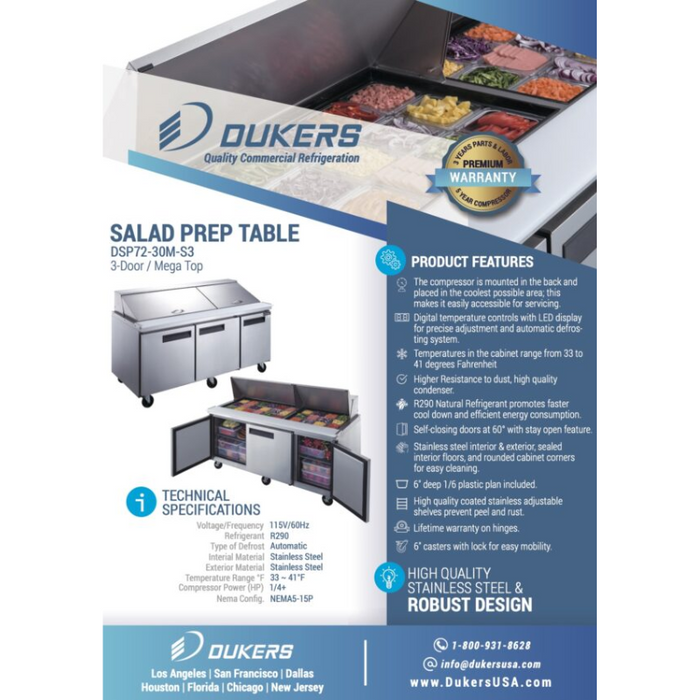 Dukers Food Prep Table Refrigerator DSP72-30M-S3 3-Door Commercial Food Prep Table Refrigerator in Stainless Steel with Mega Top