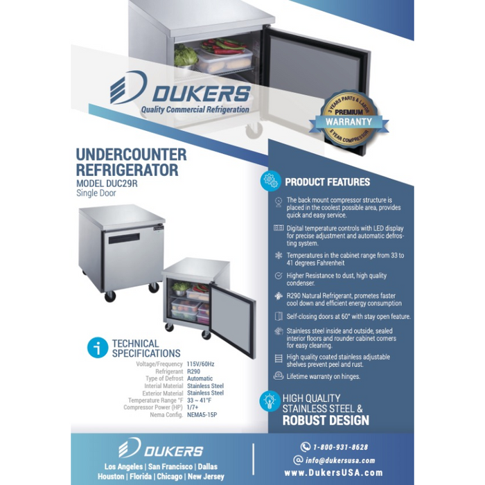 Dukers Undercounter Refrigerator DUC29R Single Door Undercounter Refrigerator in Stainless Steel