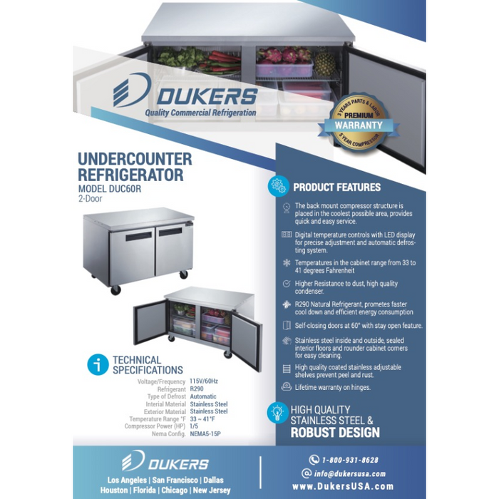 Dukers Undercounter Refrigerator DUC60R 2-Door Undercounter Commercial Refrigerator in Stainless Steel