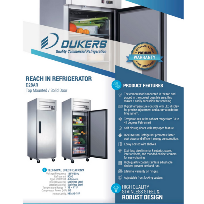 Dukers Reach-Ins Refrigerator D28AR Commercial Single Door Top Mount Refrigerator in Stainless Steel