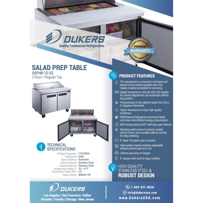 Dukers Food Prep Table Refrigerator DSP48-12-S2 2-Door Commercial Food Prep Table Refrigerator in Stainless Steel
