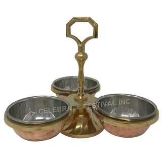 Copper & Stainless Steel Pickle/Chutney/Dip Serving Stand – 3 Bowl Traditional Indian Condiment Holder with Brass Base