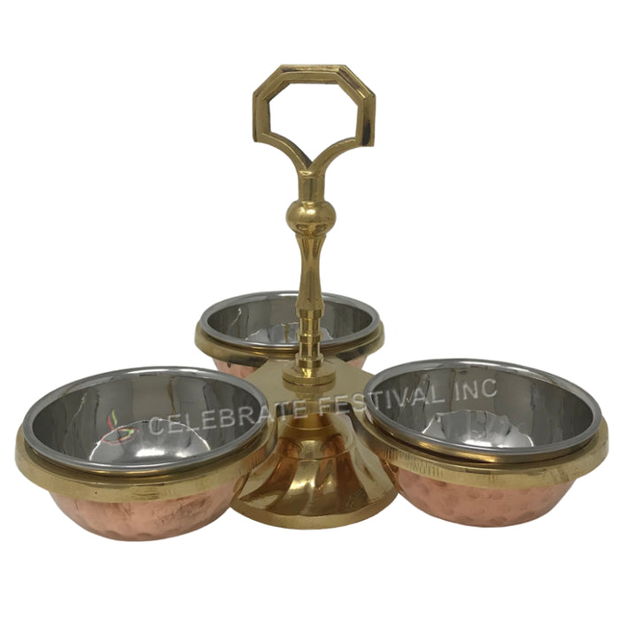 Copper-Stainless Steel Dips/Chutney/Pickle Stand-3 Bowls
