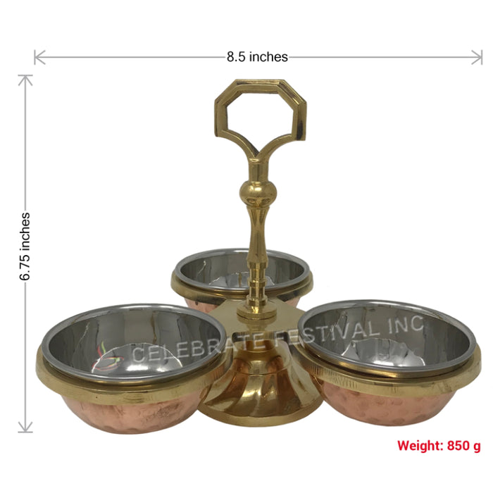 Copper-Stainless Steel Dips/Chutney/Pickle Stand-3 Bowls