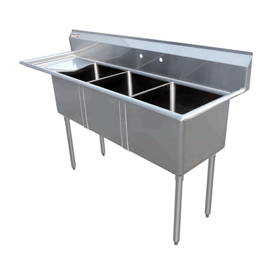 Omcan 3 Tub Sink with 3.5″ Center Drain, Drainboard Optional, 18-gauge Stainless Steel, NSF