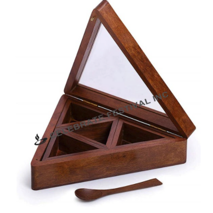 Triangle Wooden Spice Box/ Masala Dabba / Organizer - 8", see Thru Lid and 4 Sections