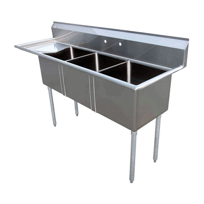 Omcan 3 Tub Sink with 1.8″ Corner Drain, Drainboard Optional, 18-gauge Stainless Steel, NSF