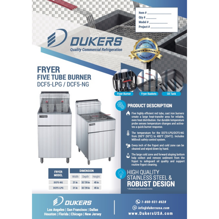 Dukers Deep Fryers DCF5-NG Natural Gas Fryer with 5 Tube Burners