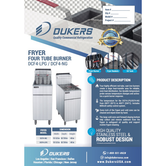 Dukers Deep Fryers DCF4-LPG Liquid Propane Gas Fryer with 4 Tube Burners