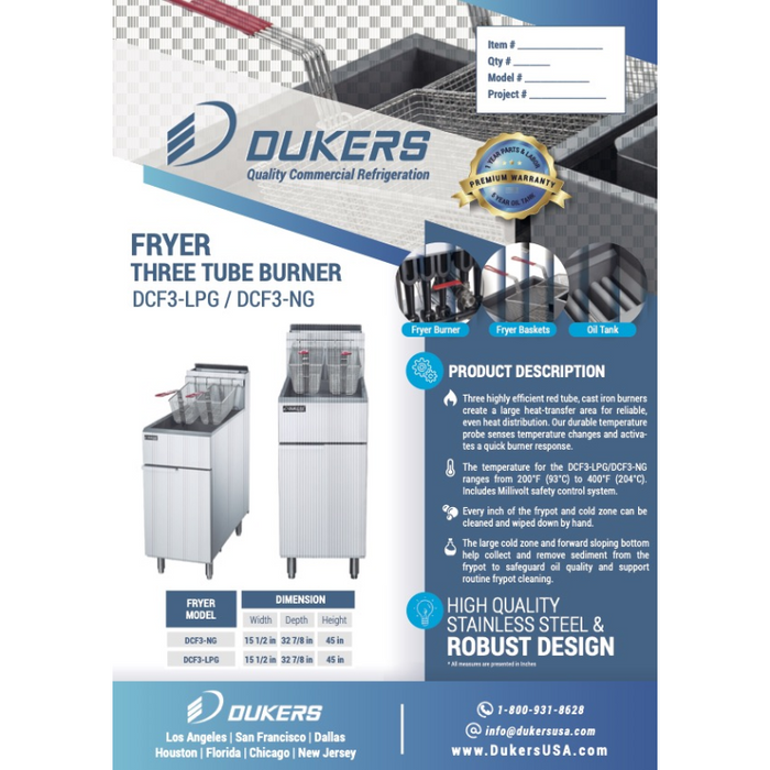 Dukers Deep Fryers DCF3-LPG Liquid Propane Gas Fryer with 3 Tube Burners