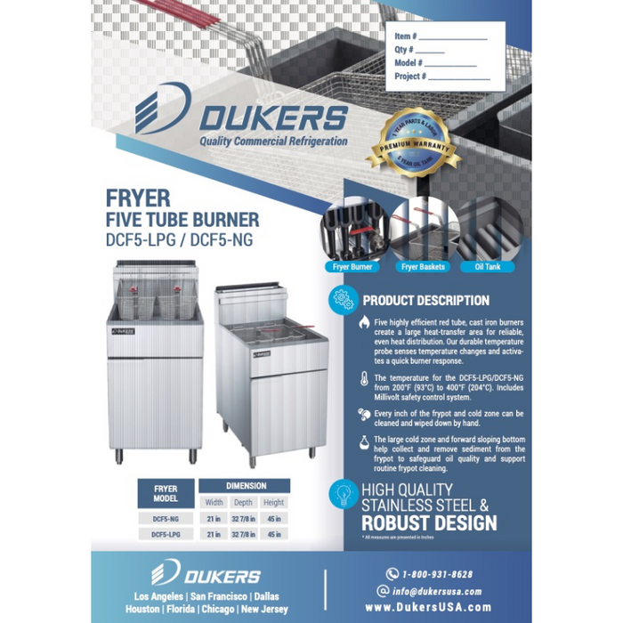 Dukers Deep Fryers DCF5-LPG Liquid Propane Gas Fryer with 5 Tube Burners