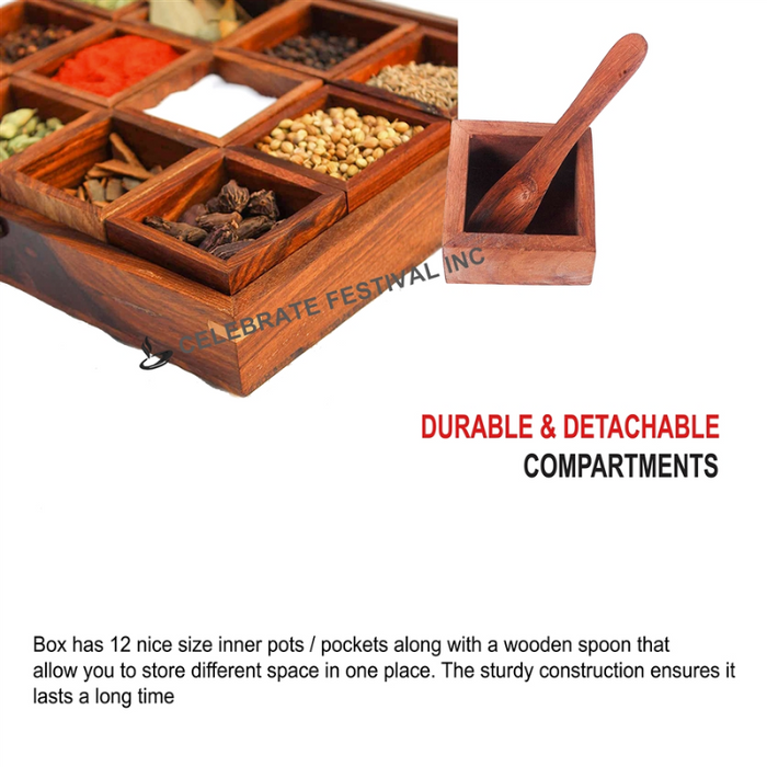 Square Wooden Spice Box/ Masala Dabba / Organizer- see Thru Lid