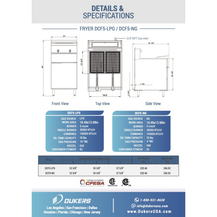 Dukers Deep Fryers DCF5-NG Natural Gas Fryer with 5 Tube Burners