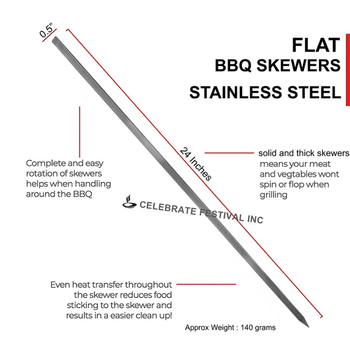 Stainless Steel Flat Skewer available in 21" and 24" Length.