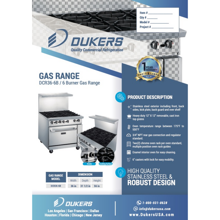 Dukers Range Ovens DCR36-6B 36″ Gas Range with Six (6) Open Burners