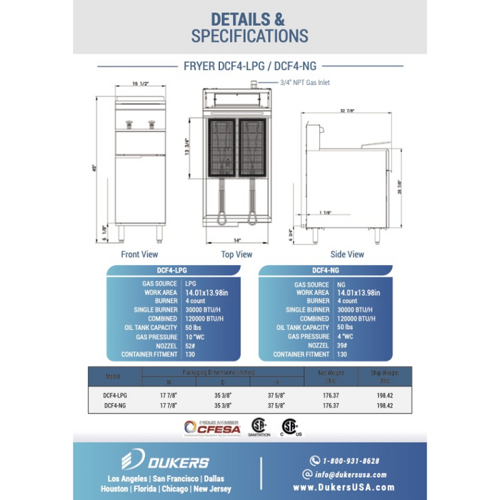 Dukers Deep Fryers DCF4-LPG Liquid Propane Gas Fryer with 4 Tube Burners