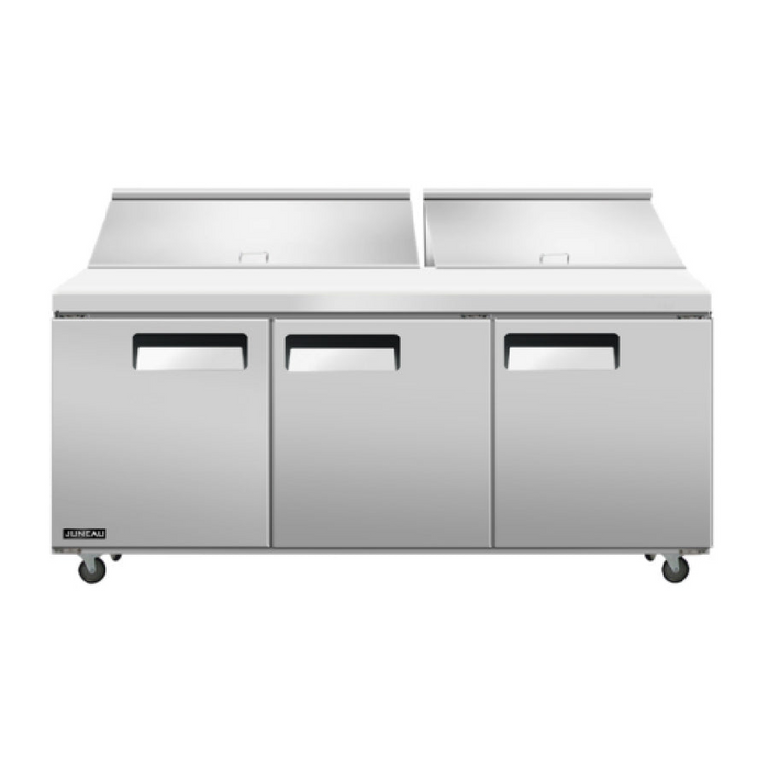 Omcan 72-inch refrigerated prep table with 3 stainless steel doors