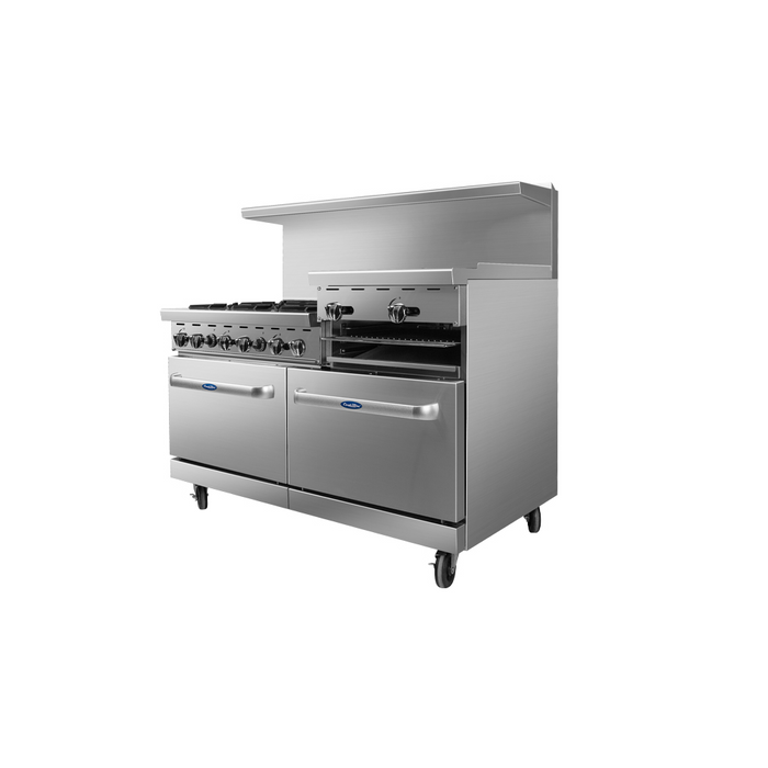 Stainless steel restaurant range with 6 burners and raised griddle