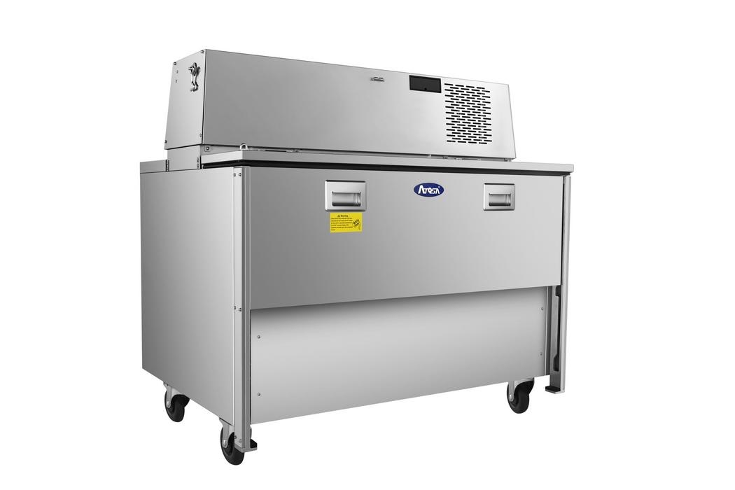 Side profile of Atosa 12-crate milk cooler in cafeteria or institutional setting