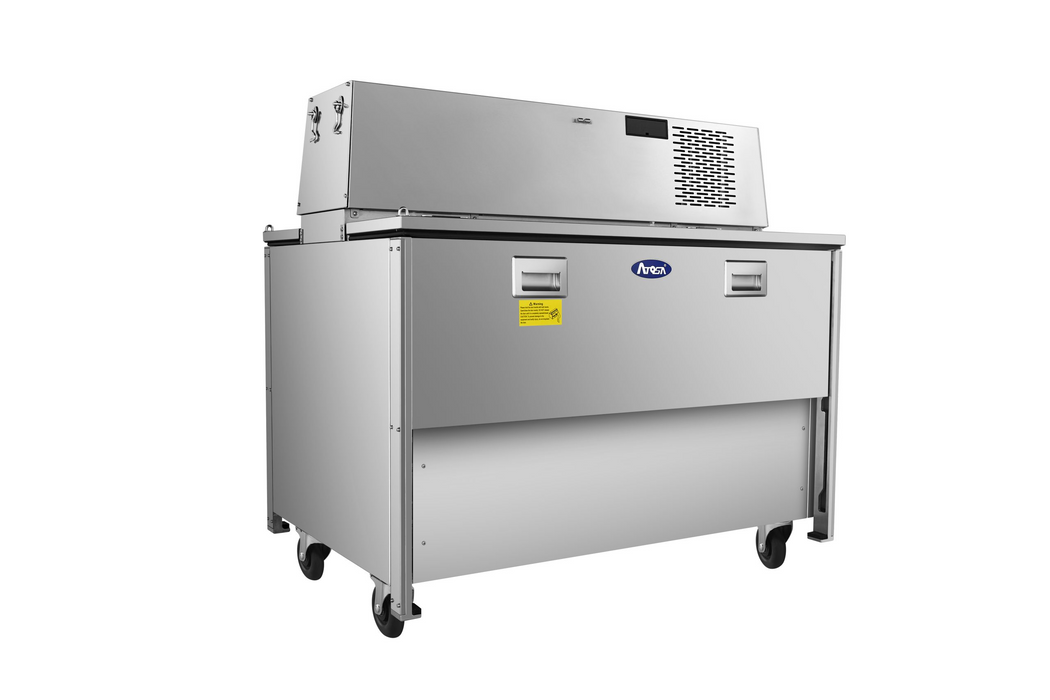 Side profile of Atosa 12-crate milk cooler in cafeteria or institutional setting