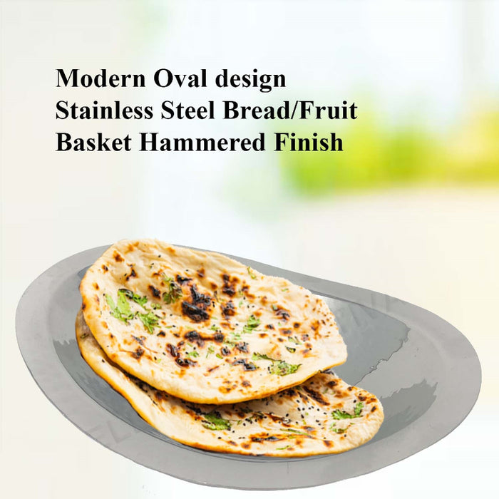 Modern Oval Design Stainless Steel Bread/Fruit Basket, Hammered Finish