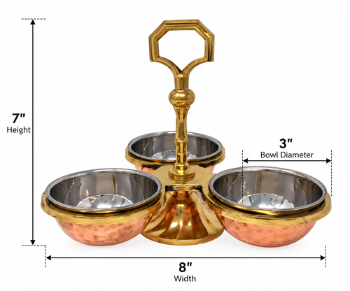 Copper & Stainless Steel Pickle/Chutney/Dip Serving Stand – 3 Bowl Traditional Indian Condiment Holder with Brass Base