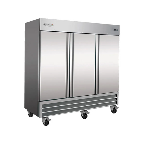 Serv-Ware RF3-HC 81" 3-Solid Door Reach-In Freezer, Bottom Mounted, 72 Cu. Ft., Stainless Steel