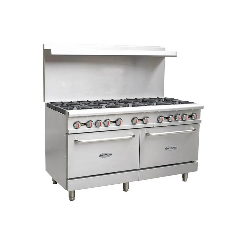 Serv-Ware SGR-10B 60" Gas Restaurant Range w/ (10) Open Burners, (2) Standard Ovens, 362.000 BTU