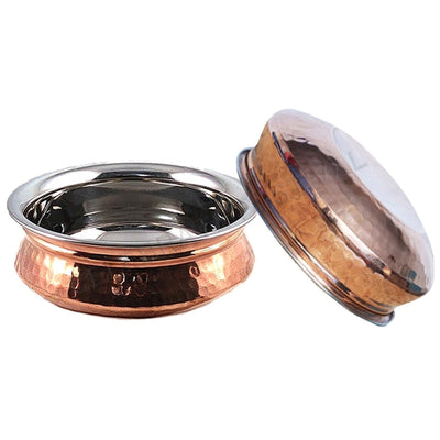 Traditional Indian double-wall copper steel handi bowl with hammered exterior and mirror finish.