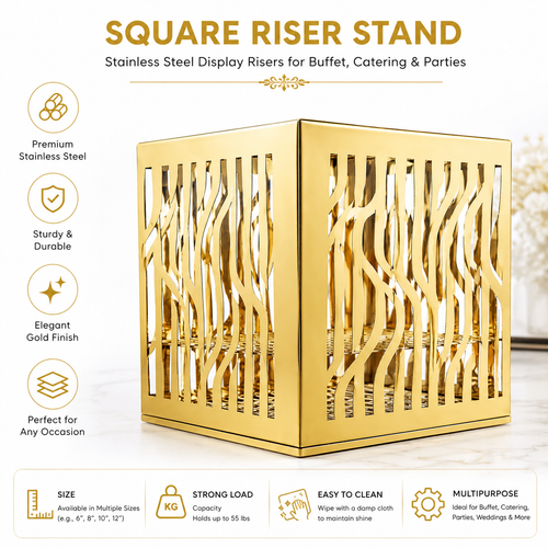 Square Gold Riser Stand – Stainless Steel Display Risers for Buffet, Catering & Parties - Available in various sizes