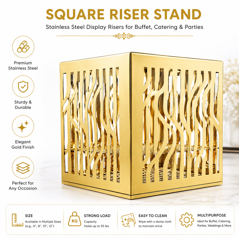Square Gold Riser Stand – Stainless Steel Display Risers for Buffet, Catering & Parties - Available in various sizes