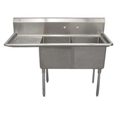 Serve-Ware 56.5" Two Compartment Sink with Left Drainboard & Backsplash – 304 Stainless Steel Commercial Sink (D2CWP1818L-18-V)