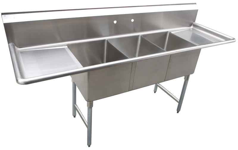 Serve-Ware 74.5" 3 Compartment Sink with Right Drainboard & Backsplash – 304 Stainless Steel Commercial Sink (D3CWP1818R-18-V)