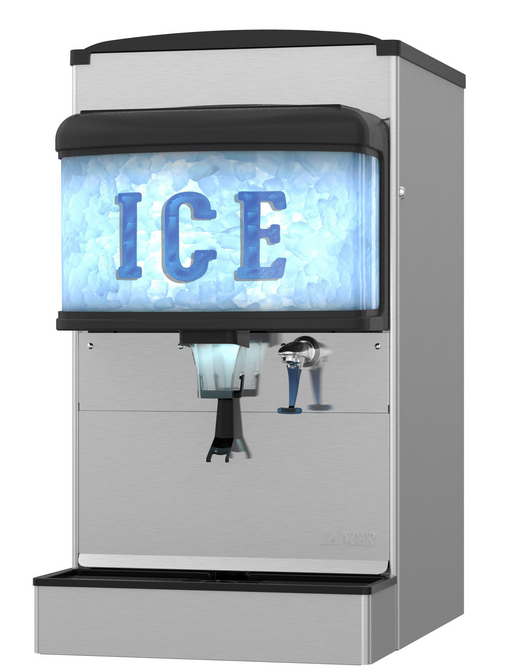 Commercial cubelet ice and water dispenser with stainless steel exterior