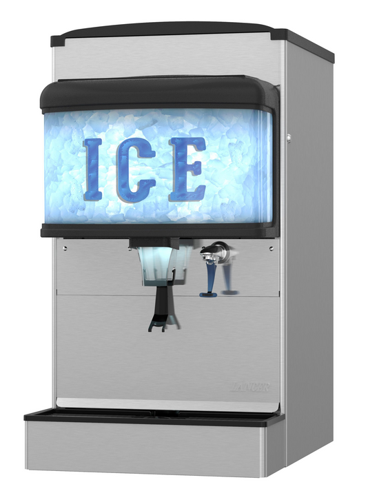 Commercial cubelet ice and water dispenser with stainless steel exterior