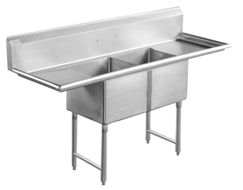 Serve-Ware 72" Two Compartment Sink with Dual Drainboards & Backsplash – 304 Stainless Steel Commercial Sink (E2CWP18182-18-V)