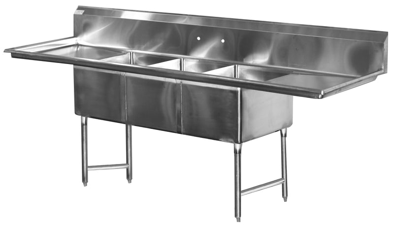 Serve-Ware 75" 3 Compartment Sink with Dual 15" Drainboards & Backsplash – 304 Stainless Steel Commercial Sink (E3CWP15152-15-V)