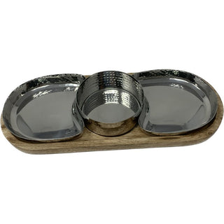 Oval Chip and Dip Platter with 3 Compartments – Wood Base Serving Tray