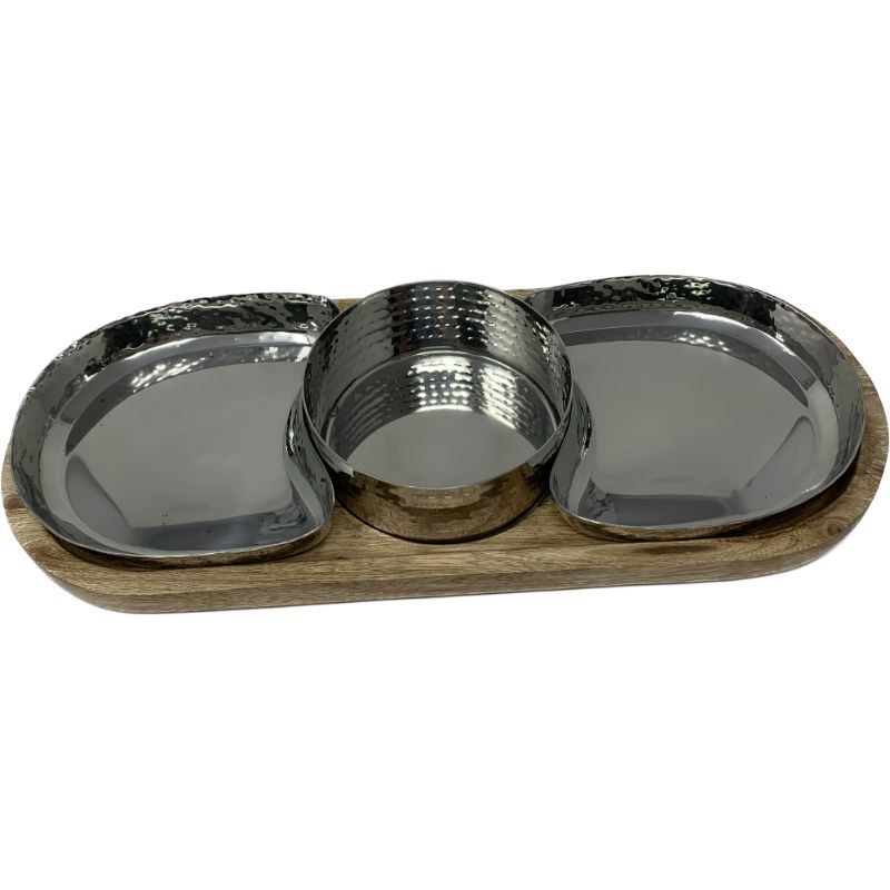 Oval chip and dip platter with wood base and hammered finish