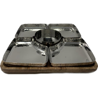 Square Chip and Dip Platter with 4 Compartments – Wood Base Serving Tray