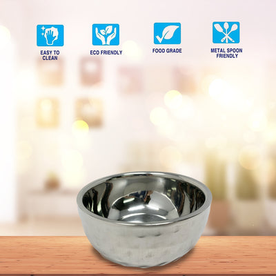 Elegant double-walled katori bowl in hammered stainless steel finish