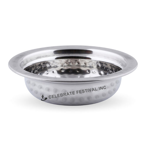 Hand-hammered stainless steel round entrée dish for serving rice and vegetables