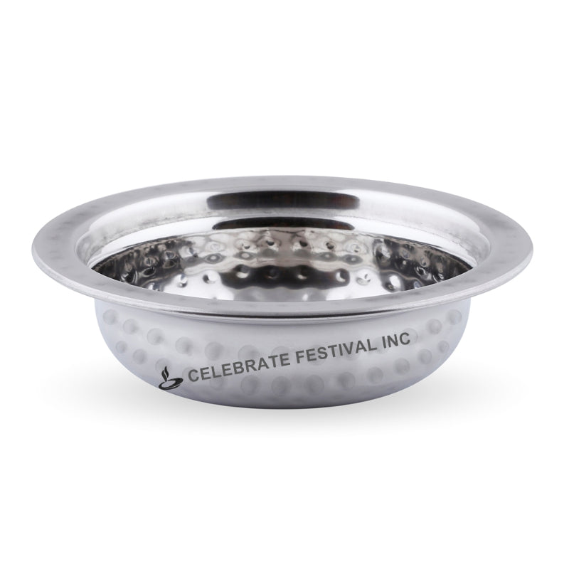 Hand-hammered stainless steel round entrée dish for serving rice and vegetables