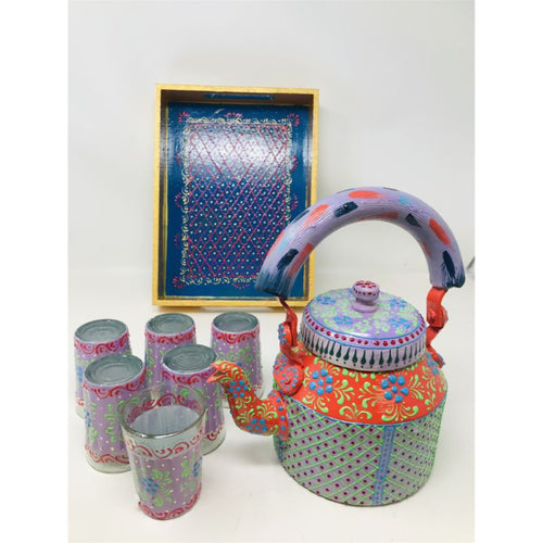Tea kettle - Beautifully Hand Painted With Traditional Rajasthani/ Mughal Art/ Set Of Kettle & Chai Glass