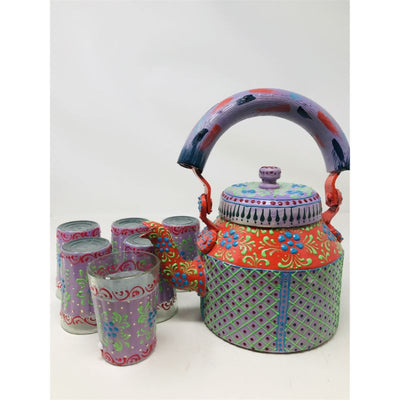 Tea kettle - Beautifully Hand Painted With Traditional Rajasthani/ Mughal Art/ Set Of Kettle & Chai Glass
