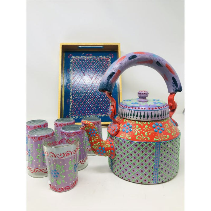 Tea kettle - Beautifully Hand Painted With Traditional Rajasthani/ Mughal Art/ Set Of Kettle & Chai Glass