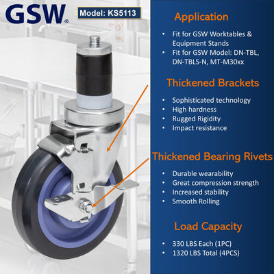 GSW KS5113 4-inch expanding stem caster with side brake