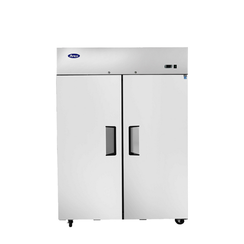 Atosa MBF8129GR dual temp reach-in refrigerator freezer with stainless steel exterior and two solid doors