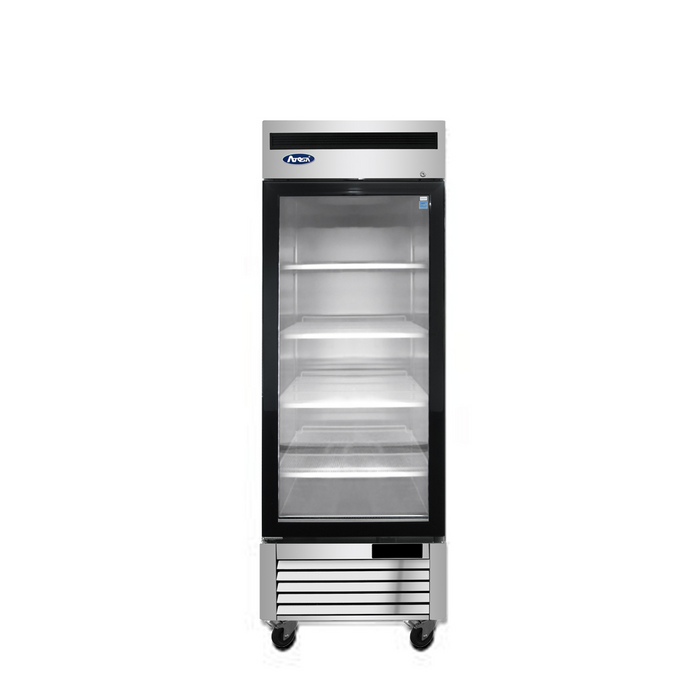 Atosa MCF8701GRL one-door glass reach-in freezer with LED lighting and stainless steel exterior