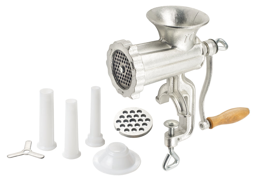 Winco MG-10 Manual Meat Grinder, Clamp Base, #10 Hub, Includes: 2 Plates & 3 Stuffing Tubes (Price/Set)